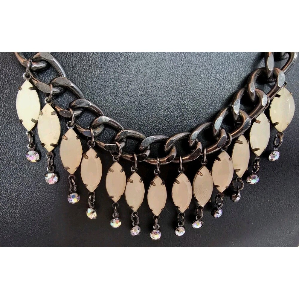 Vintage Style Chunky Gunmetal Black Chain Fringe Necklace Rhinestone Navette